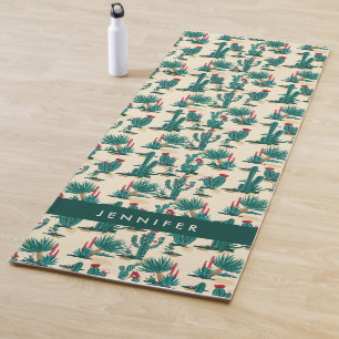 Add Your Name   Green & Red Cactus Pattern Yoga Mat