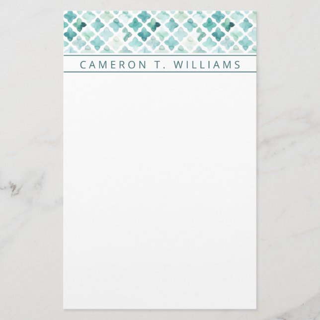Add Your Name | Hand Painted Turquoise Pattern Stationery (Front)