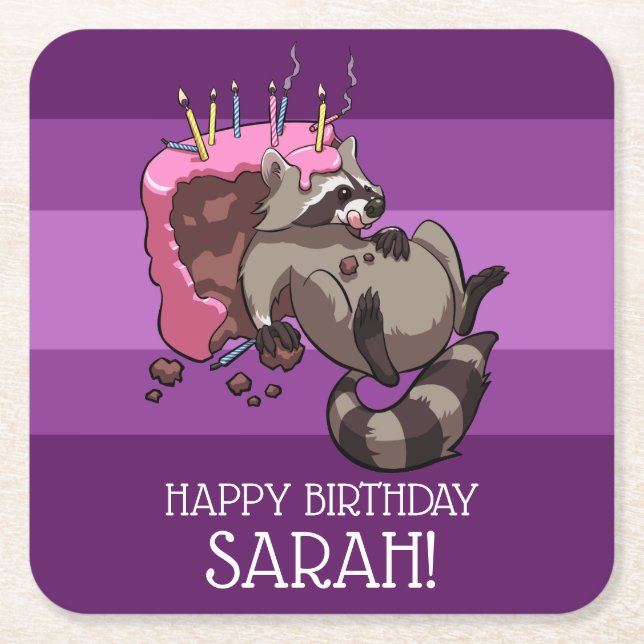 Add Your Name Happy Birthday Funny Raccoon Cartoon Square Paper Coaster (Front)