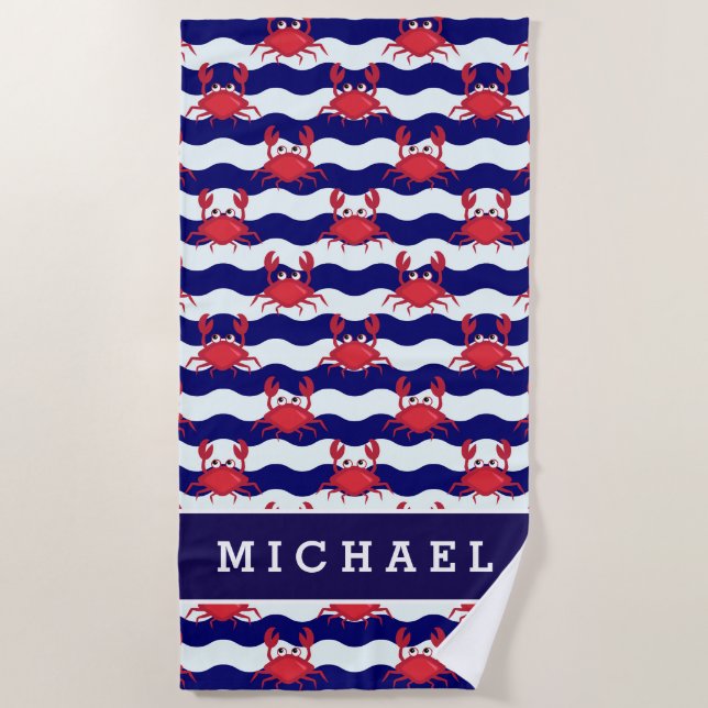 Add Your Name | Happy Crabs Pattern Beach Towel (Front)