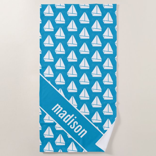Add Your Name | Light Blue Sailboat Pattern Beach Towel (Front)
