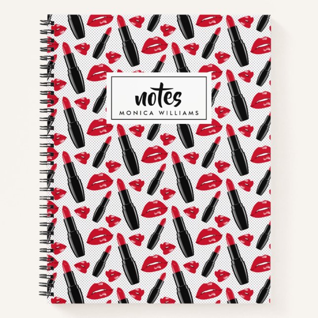 Add Your Name | Lipstick And Lips Polka Dot Notebook (Front)