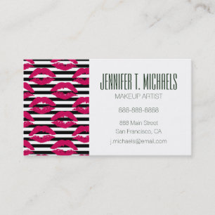 Add Your Name   Lipstick Kiss B&W Striped Pattern Business Card