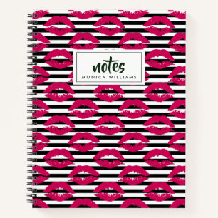 Add Your Name Lipstick Kiss B&W Striped Pattern Notebook