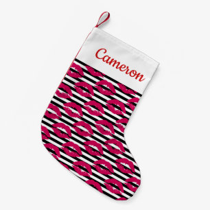 Add Your Name Lipstick Kiss B&W Striped Pattern Small Christmas Stocking