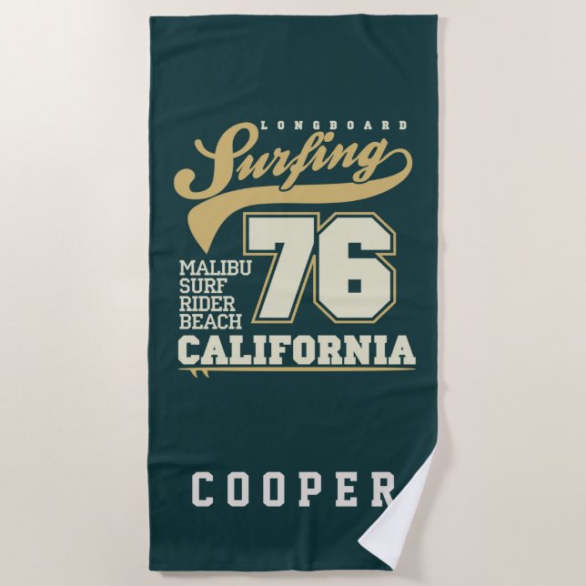 Add Your Name | Longboard Surfing | California 76 Beach Towel (Front)