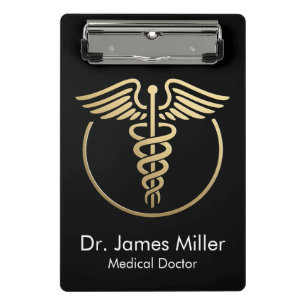 Add Your Name Medical Caduceus Symbol Black Gold Mini Clipboard