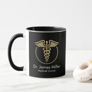 Add Your Name Medical Caduceus Symbol Black Gold Mug