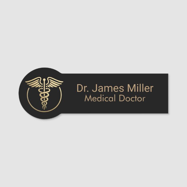 Add Your Name Medical Caduceus Symbol Black Gold   Name Tag (Front)