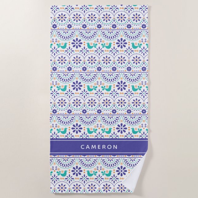 Add Your Name | Mexican Bird Tile Folk Art Pattern Beach Towel (Front)