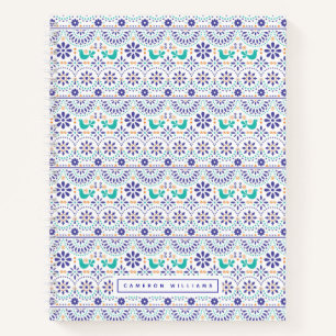 Add Your Name   Mexican Bird Tile Folk Art Pattern Notebook