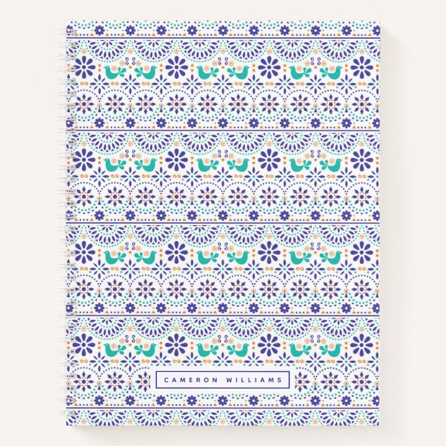 Add Your Name | Mexican Bird Tile Folk Art Pattern Notebook (Front)
