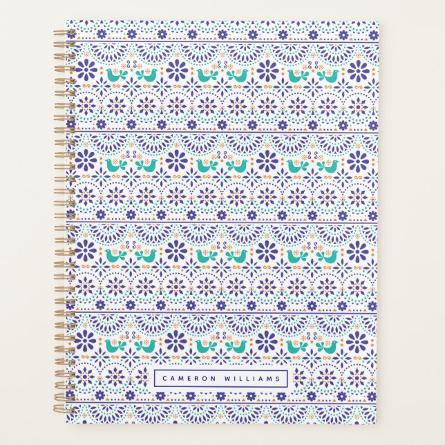 Add Your Name | Mexican Bird Tile Folk Art Pattern Planner (Front)