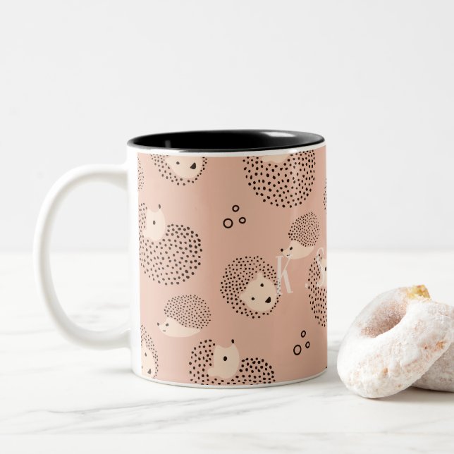 Add Your Name | Modern Cute Hedgehog Pattern Two-Tone Coffee Mug (With Donut)
