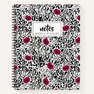 Add Your Name Modern Lipstick Lips B&W Pattern Notebook