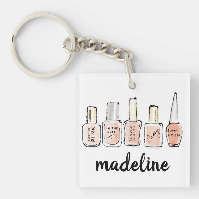 Add Your Name | Modern Pink Nail Polish Sketch Keychain (Front)
