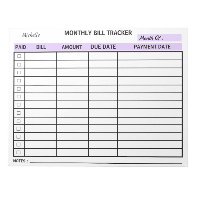 Add Your Name Monthly Bill Tracker Personalized  Notepad (Front)