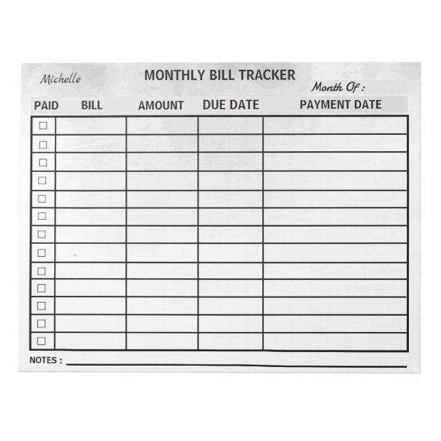 Add Your Name Monthly Bill Tracker Watercolor      Notepad (Front)