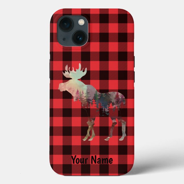 Add Your Name, Moose, Red Buffalo Plaid Phone Case (Back)