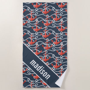 Add Your Name   Nautical Anchors And Rope Pattern Beach Towel