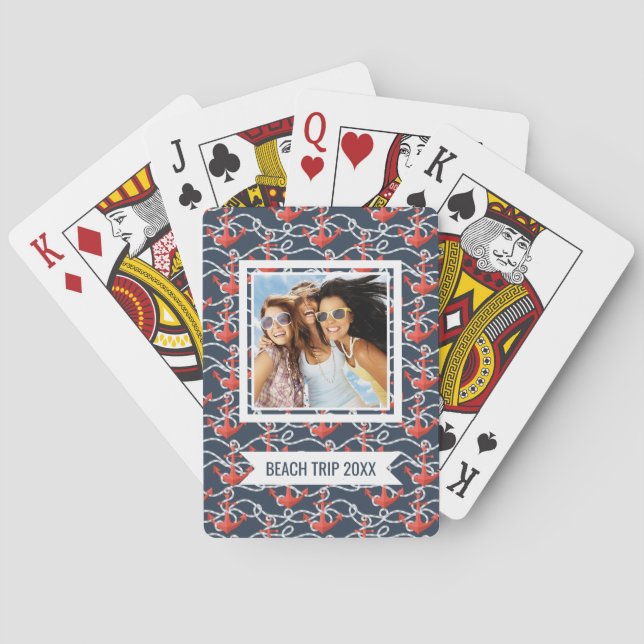 Add Your Name | Nautical Anchors And Rope Pattern Playing Cards (Back)