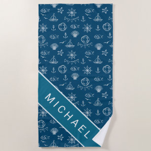 Add Your Name   Nautical Chalk Drawing Pattern Beach Towel