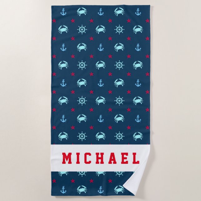 Add Your Name | Nautical Star Pattern Beach Towel (Front)