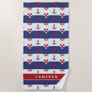 Add Your Name Nautical Stars And Stripes Pattern Beach Towel