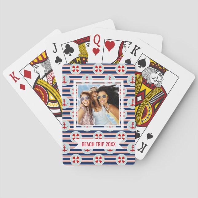 Add Your Name | Nautical Stripes And Dots Pattern Playing Cards (Back)