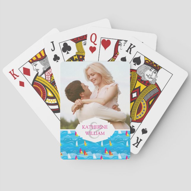 Add Your Name | Neon Yacht Pattern Playing Cards (Back)