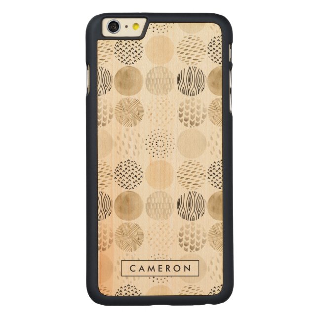 Add Your Name | Neutral Abstract Circle Pattern Carved Wood iPhone Case (Back)
