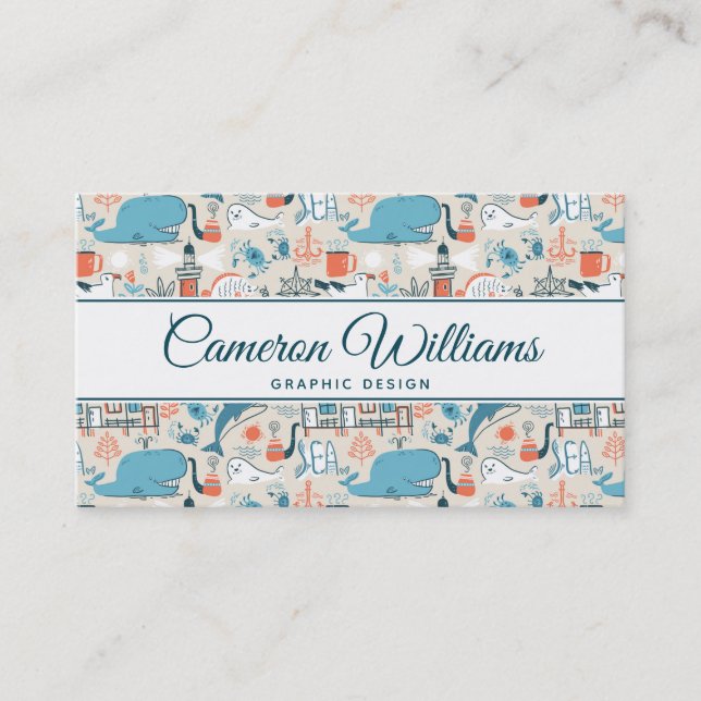 Add Your Name | North Sea Cute Doodle Pattern Business Card (Front)