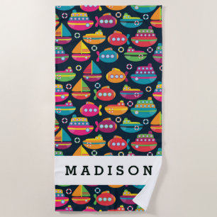 Add Your Name   Ocean Transportation Pattern Beach Towel