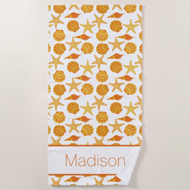 Add Your Name | Orange Beach Shell Pattern Beach Towel (Front)