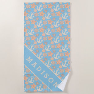 Add Your Name Pastel Nautical Pattern Beach Towel