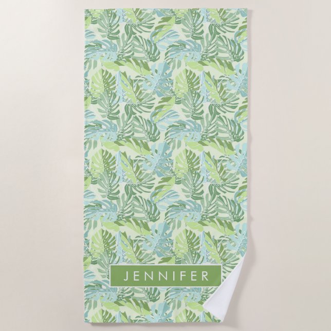 Add Your Name | Pastel Tropical Palm Leaves Beach Towel (Front)