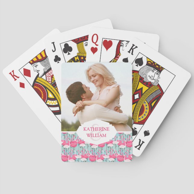 Add Your Name | Pink And White Crowd Of Flamingos Playing Cards (Back)