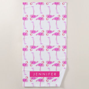 Add Your Name   Pink Flamingo Pattern Beach Towel
