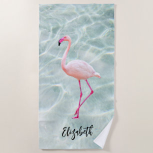 Add Your Name - Pink Flamingo Tropical Sandy  Beach Towel