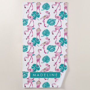 Add Your Name   Pink Flamingos Beach Towel