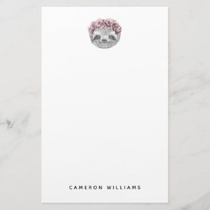 Add Your Name Portrait Of Sloth Floral Wreath Stationery