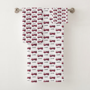 Add Your Name Red Fire truck Personalised Kids Bath Towel Set