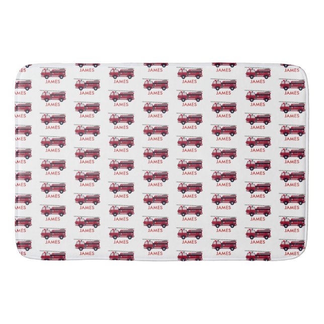 Add Your Name Red Fire truck Personalized Bath Mat (Front)
