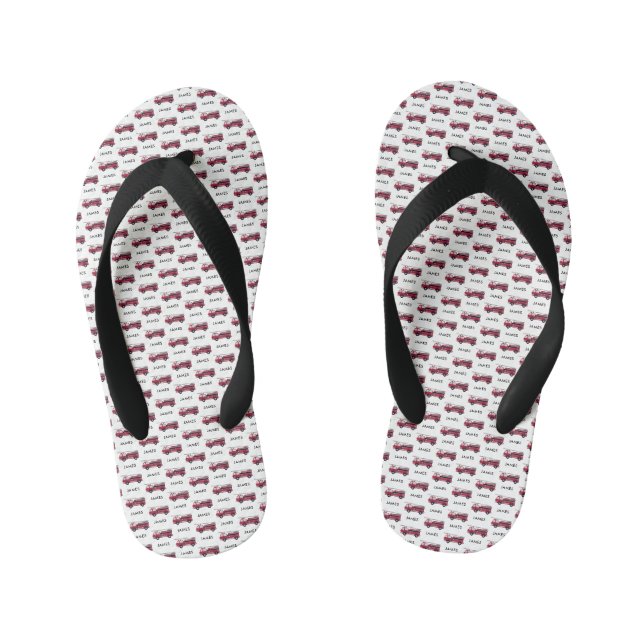 Add Your Name Red Fire truck Personalized Kid's Flip Flops (Footbed)