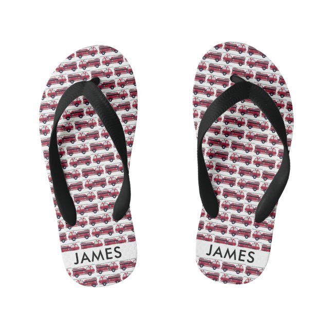 Add Your Name Red Fire truck Personalized Kid's Flip Flops (Footbed)