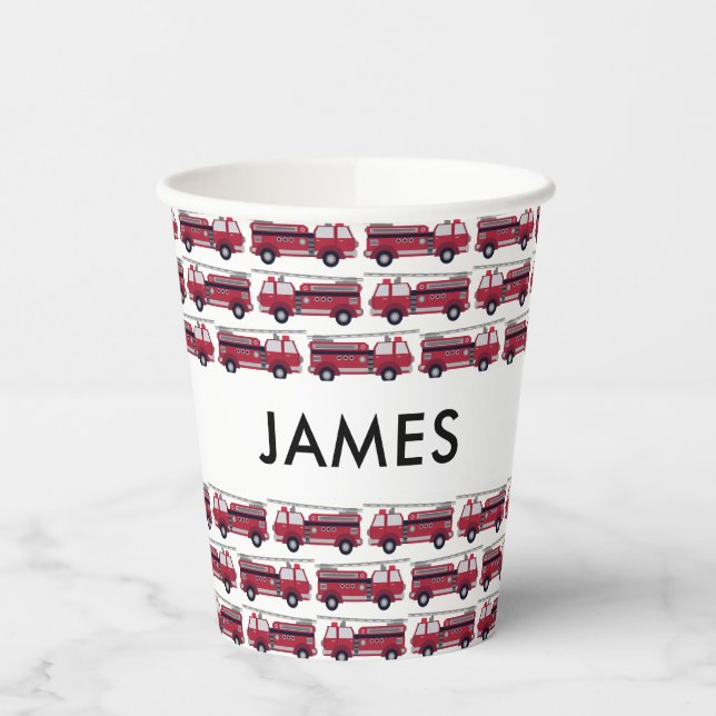 Add Your Name Red Fire truck Personalized Paper Cups (Left)