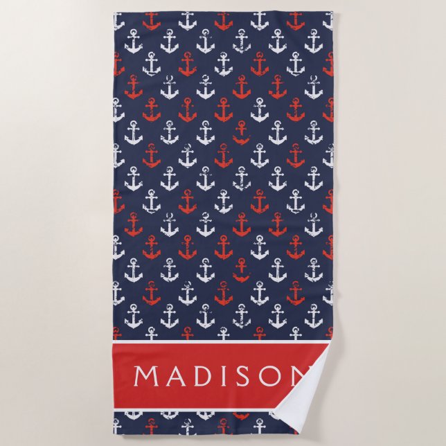 Add Your Name | Red White And Blue Navy Pattern Beach Towel (Front)