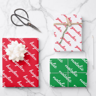 Add-Your-Name Red White and Green Christmas  Wrapping Paper Sheet