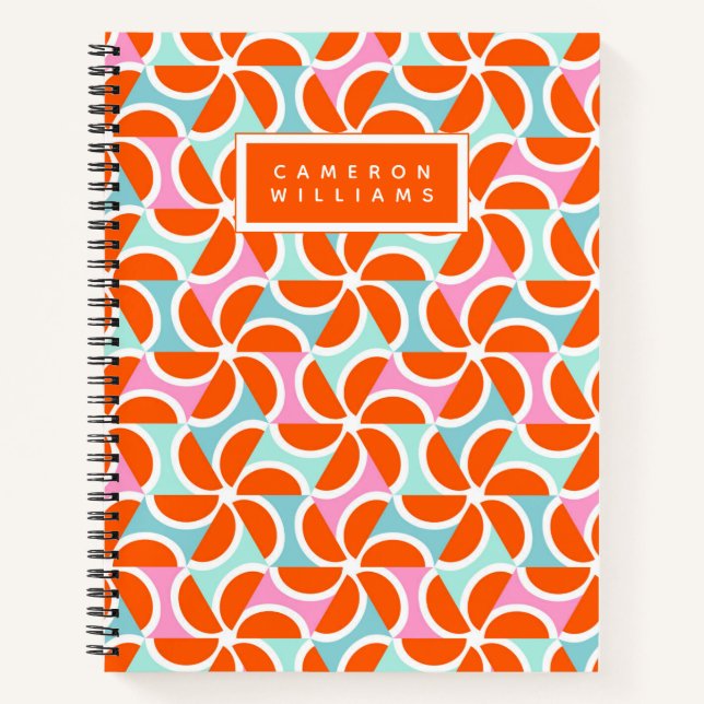 Add Your Name | Retro Orange Wedge Pattern Notebook (Front)