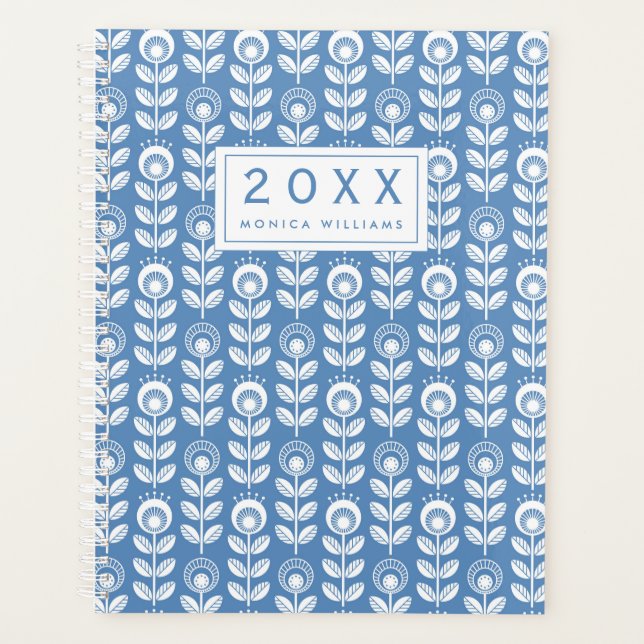 Add Your Name | Retro Scandinavian Blue Pattern Planner (Front)